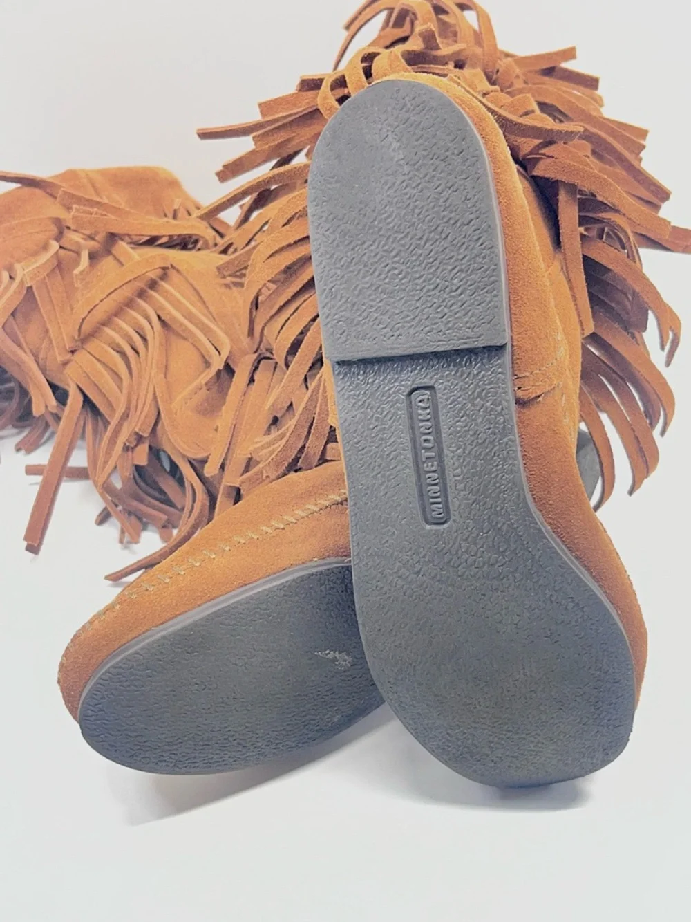 Minnetonka Triple Fringe Suede Moccasin Boots in Tan Brown Bohemian Boho - Picture 3 of 8